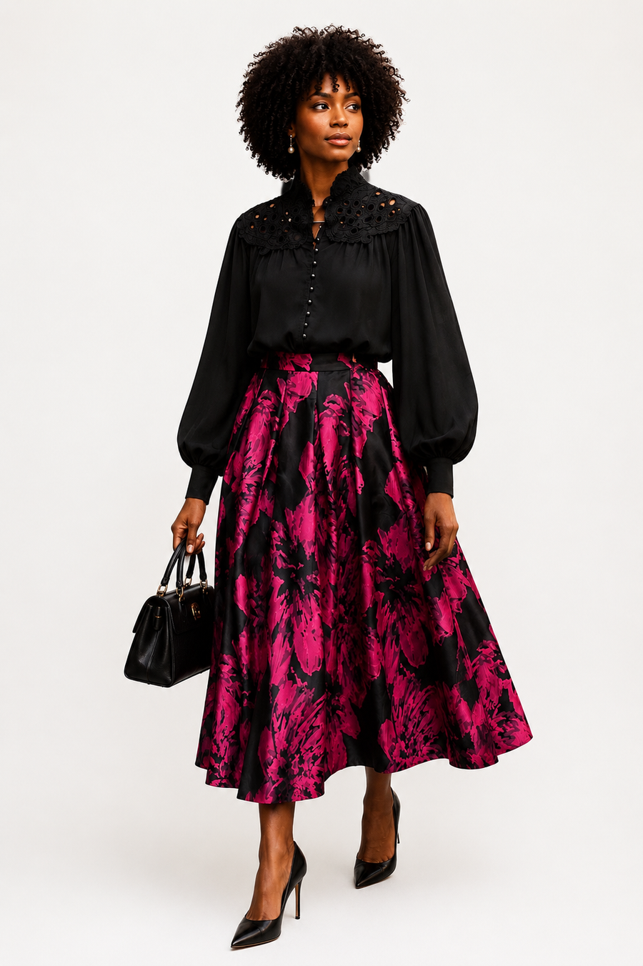 TL9065 PLEATED JACQUARD A-LINE MAXI SKIRT