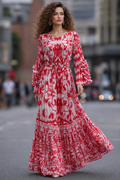 GF17980 VINTAGE-PRINT FLARE SLEEVE MAXI DRESS
