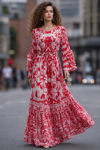 GF17980 VINTAGE-PRINT FLARE SLEEVE MAXI DRESS