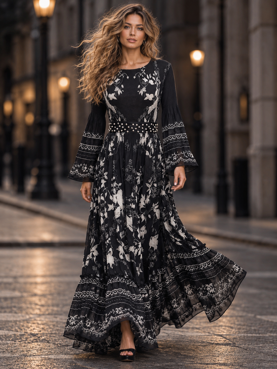 GF17969 BOTANICAL PRINT FLARE SLEEVE MAXI DRESS