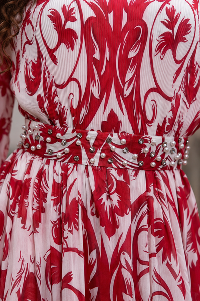 GF17980 VINTAGE-PRINT FLARE SLEEVE MAXI DRESS