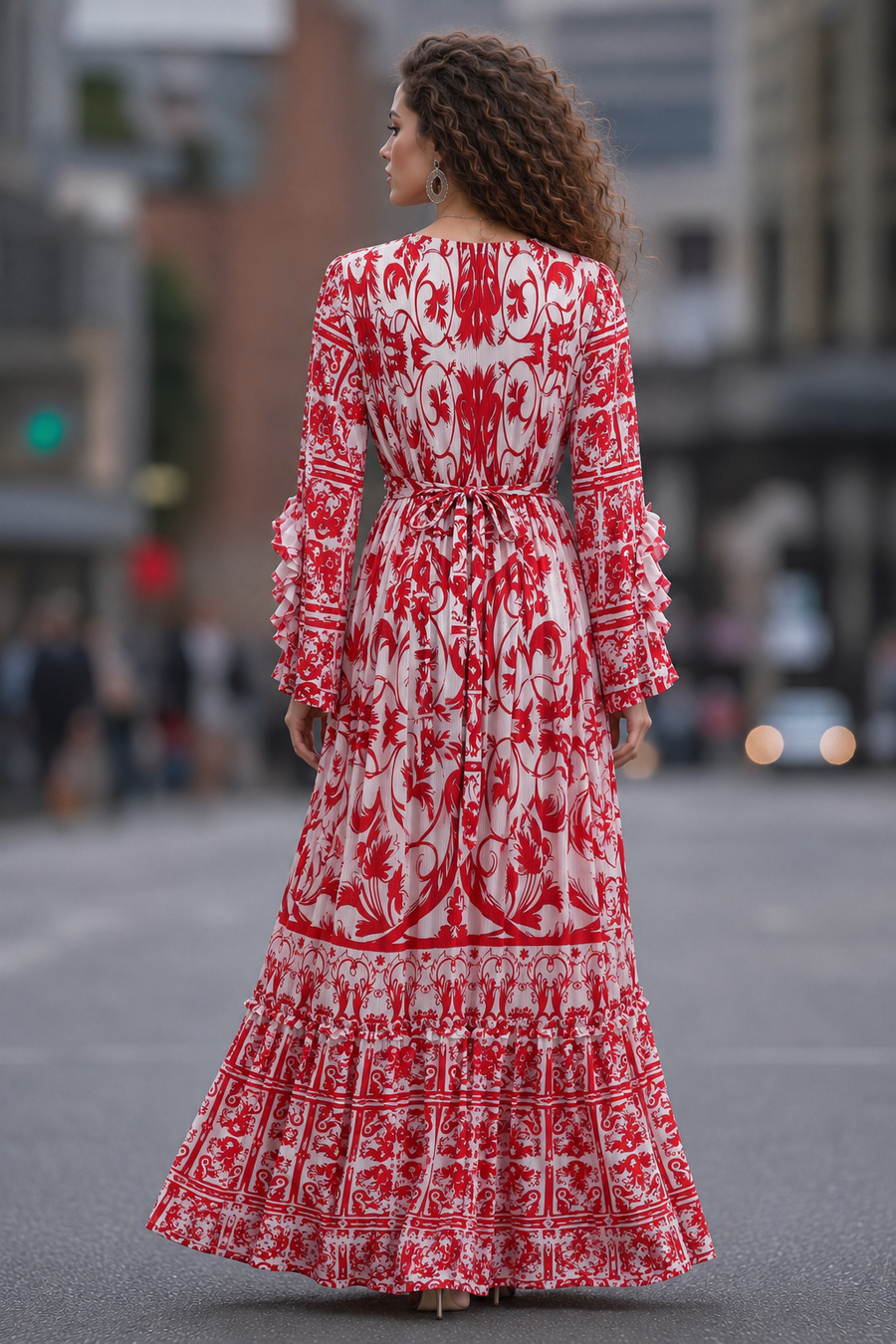 GF17980 VINTAGE-PRINT FLARE SLEEVE MAXI DRESS