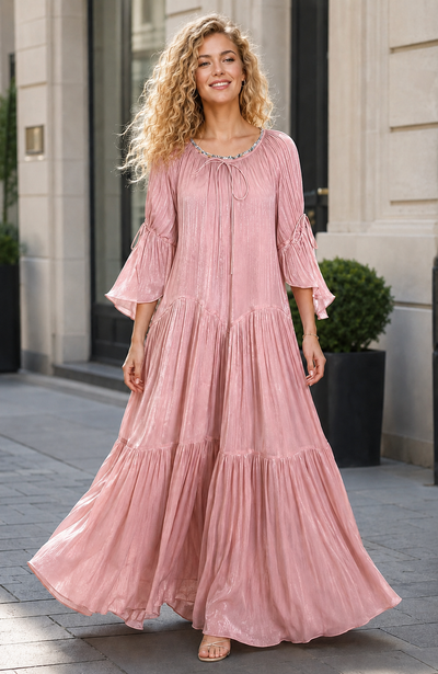 C3179 BOHEMIAN TIE-SLEEVE TIERED MAXI DRESS