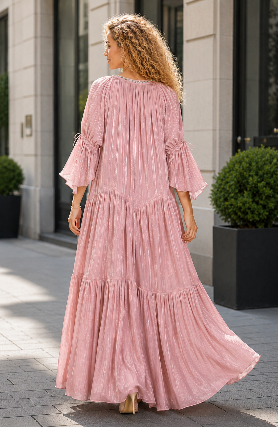 C3179 BOHEMIAN TIE-SLEEVE TIERED MAXI DRESS