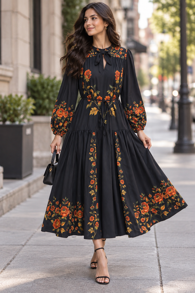 B1122 RUFFLE HEM FLORAL MAXI DRESS