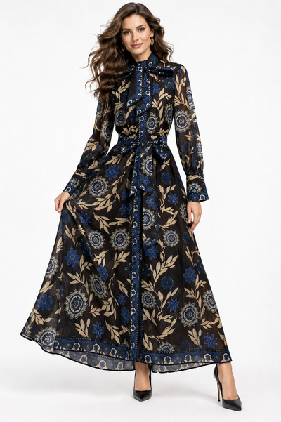 B1138 FLORAL PRINT ORGANZA MAXI DRESS