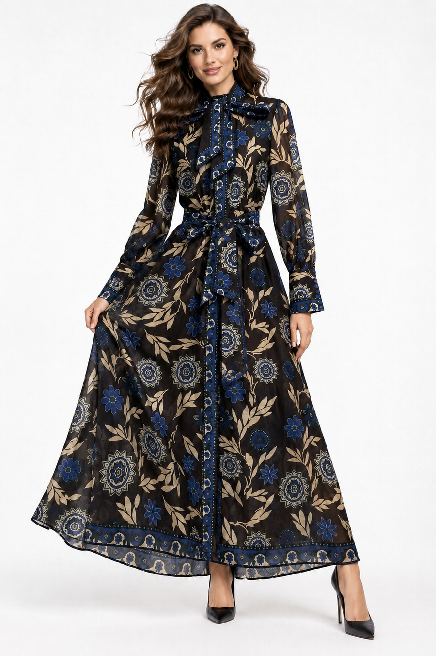 B1138 FLORAL PRINT ORGANZA MAXI DRESS