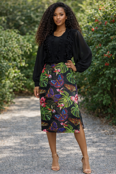 B1074S JEWEL-TONE BUTTERFLY PENCIL SKIRT