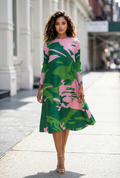 N2576 TROPICAL ABSTRACT MIDI CRINKLE DRESS