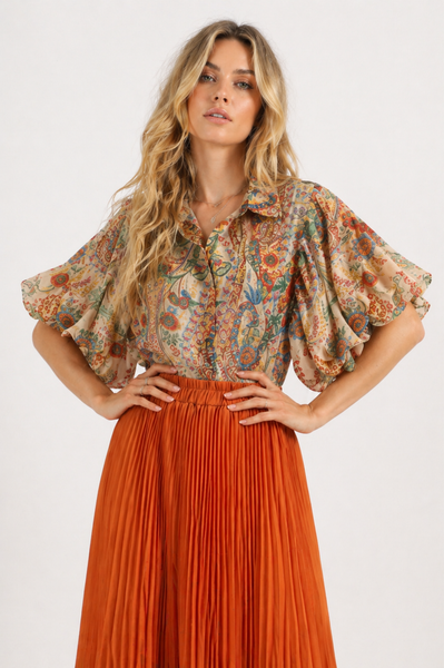 GF1675 FLORAL ORGANZA PUFF SLEEVE TOP