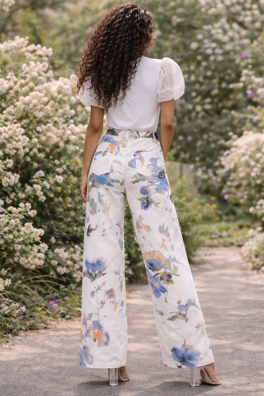 B1106 WATERCOLOR FLORAL STRAIGHT-LEG PANTS (PNK, BLU)