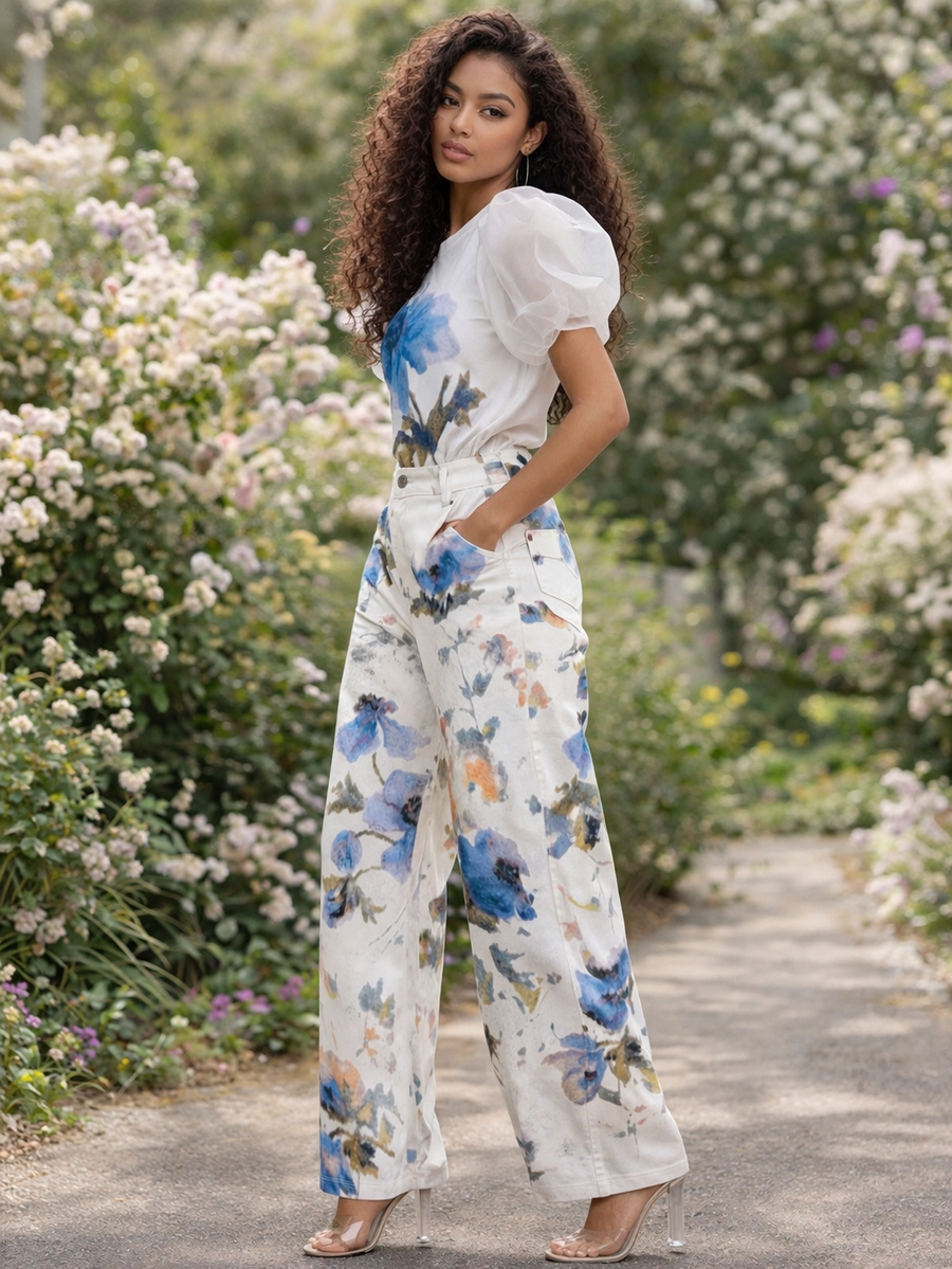 B1106 WATERCOLOR FLORAL STRAIGHT-LEG PANTS (PNK, BLU)