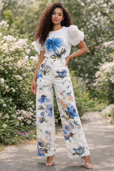 B1106 WATERCOLOR FLORAL STRAIGHT-LEG PANTS (PNK, BLU)