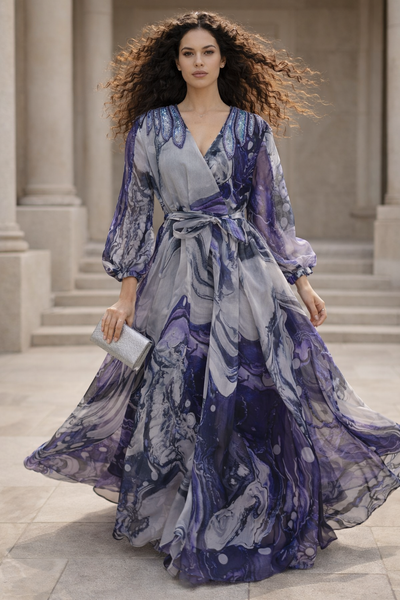 X8028 SEQUIN SHOULDER APPLIQUE ORGANZA MAXI DRESS