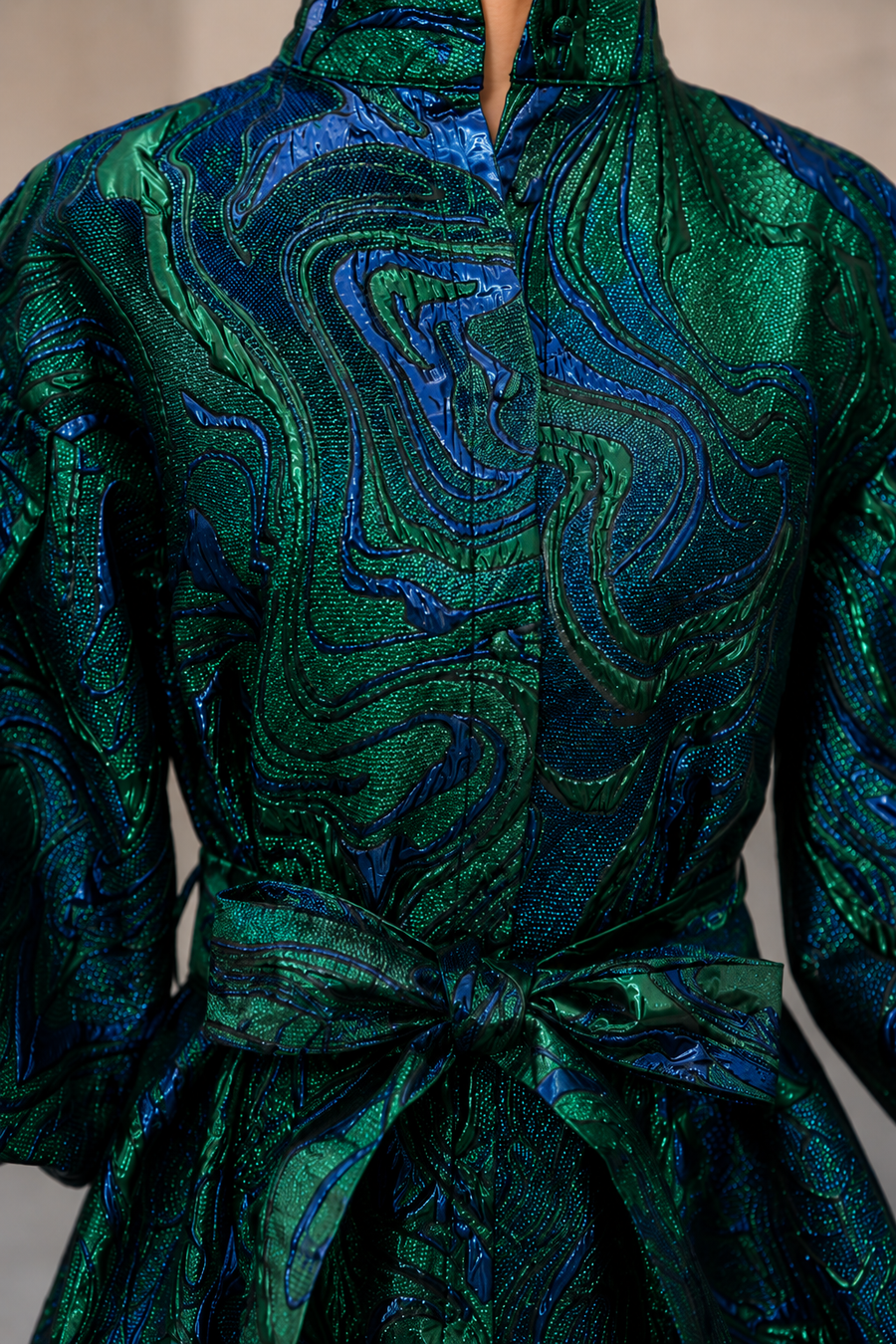 A96212 PEACOCK BROCADE PUFF SLEEVE MIDI DRESS
