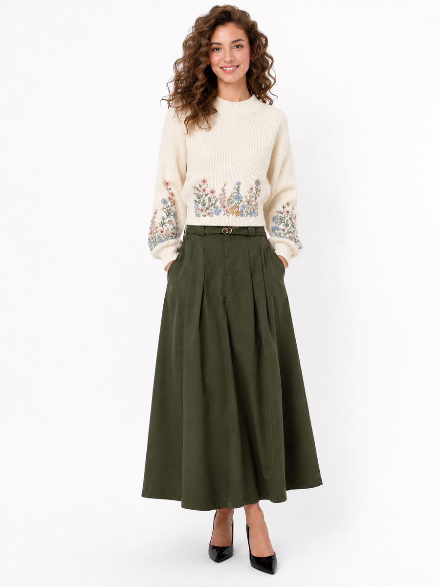 T260019 TAILORED PLEATED BELTED MIDI SKIRT (BLK, GRN)