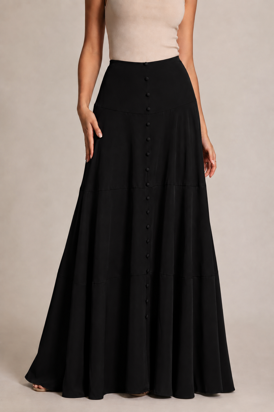 NY0081 SWEEPING SILHOUETTE TIERED MAXI SKIRT (GRN, BLK)