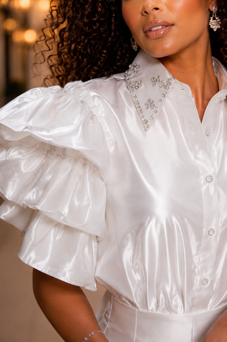 T26001 RUFFLES RHINESTONE COLLARED TOP