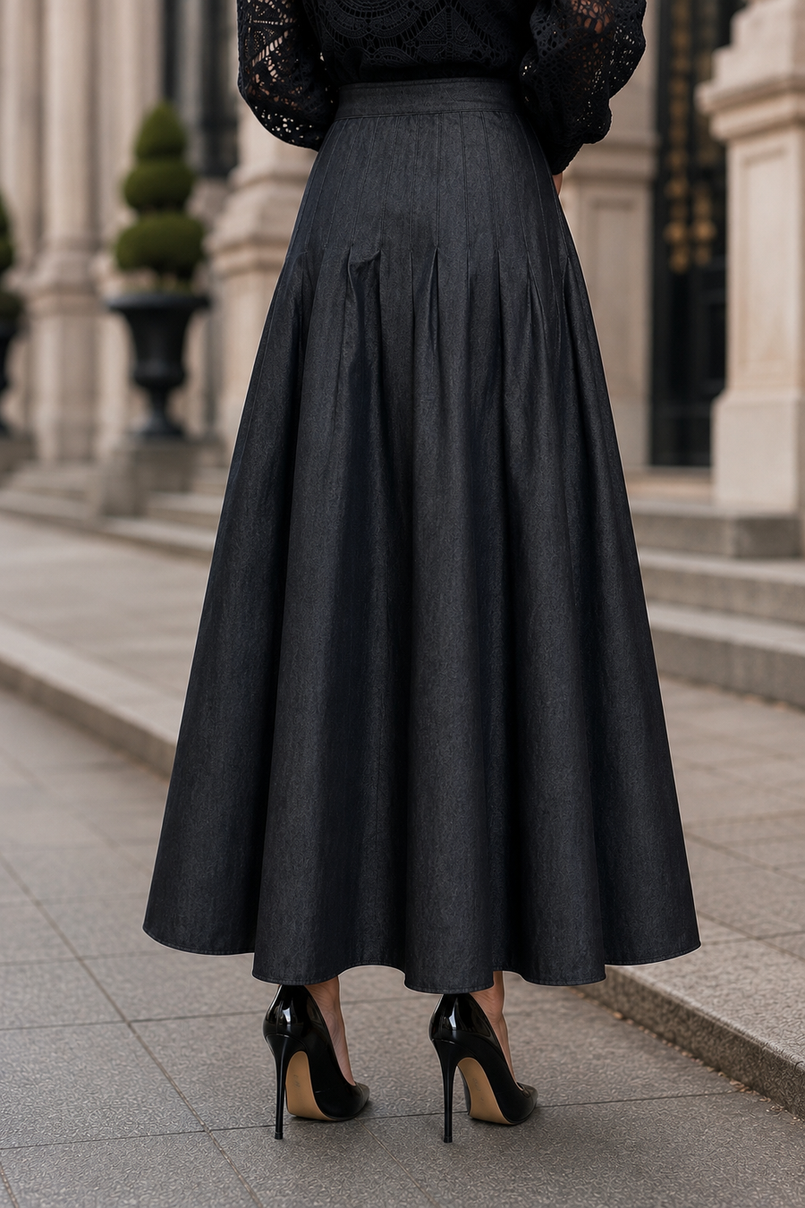 E8026 DENIM PIN TUCK MAXI SKIRT (BLU, BLK)