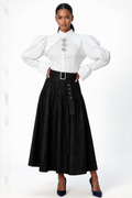 E8026 DENIM PIN TUCK MAXI SKIRT (BLU, BLK)