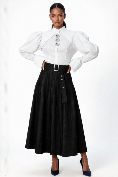 E8026 DENIM PIN TUCK MAXI SKIRT (BLU, BLK)