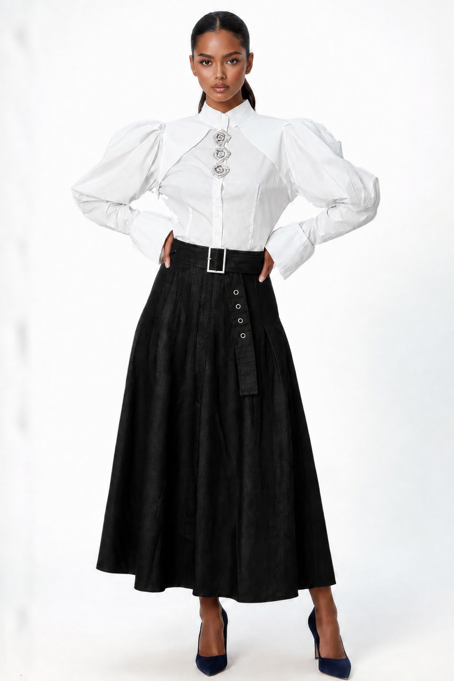 E8026 DENIM PIN TUCK MAXI SKIRT (BLU, BLK)