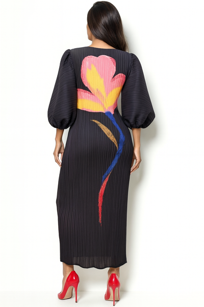 N24167 ABSTRACT BLOOM CRINKLED DRESS (M, L, XL)