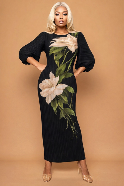 N2556 PUFF SLEEVE CRINKLED DRESS