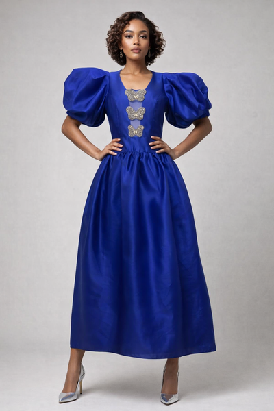 S3068 BUTTERFLY RHINESTONE MAXI DRESS (BLUE, IVORY)