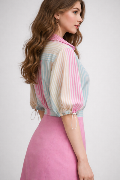 T23330 PASTEL STRIPE DRAWSTRING TOP