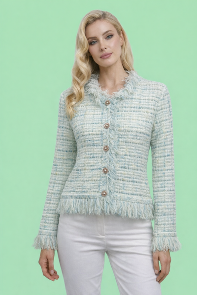 ZL507 FRINGED TWEED CARDIGAN SWEATER (PINK, GRN, BLUE)