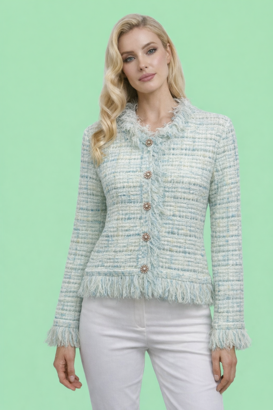 ZL507 FRINGED TWEED CARDIGAN SWEATER (PINK, GRN, BLUE)