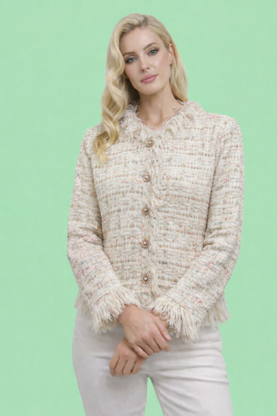 ZL507 FRINGED TWEED CARDIGAN SWEATER (PINK, GRN, BLUE)