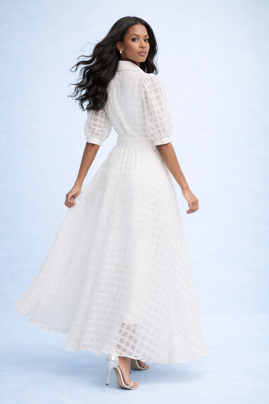 CH0222 STUDDED ORGANZA SHIRT DRESS (WHT, NAVY)