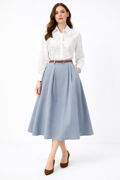 NY75002 SIGNATURE BELTED MIDI SKIRT (BLK, BLUE)