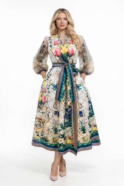 T2613 SHEER SLEEVE WRAP DRESS