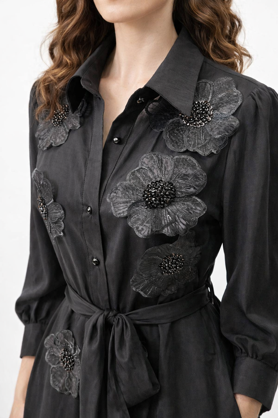 CH0221 FLOWER APPLIQUES MAXI SHIRT DRESS