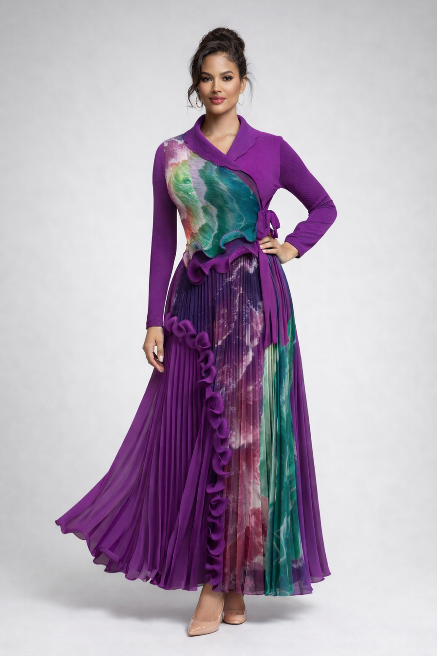 NY0045 ABSTRACT PRINT PLEATED MAXI DRESS