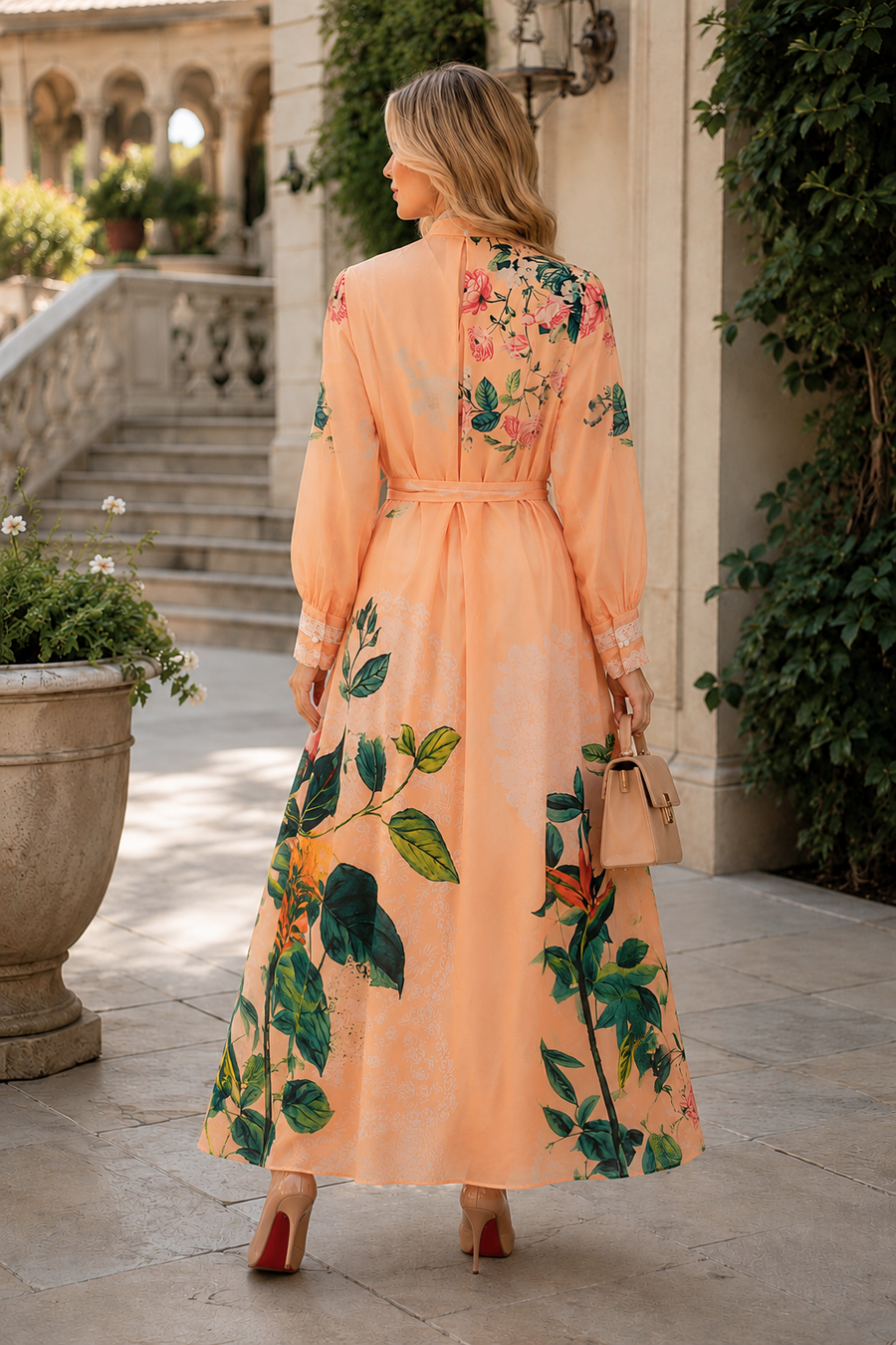 CH900 ROMANTIC ROSE PRINT LACE ADORNED DRESS