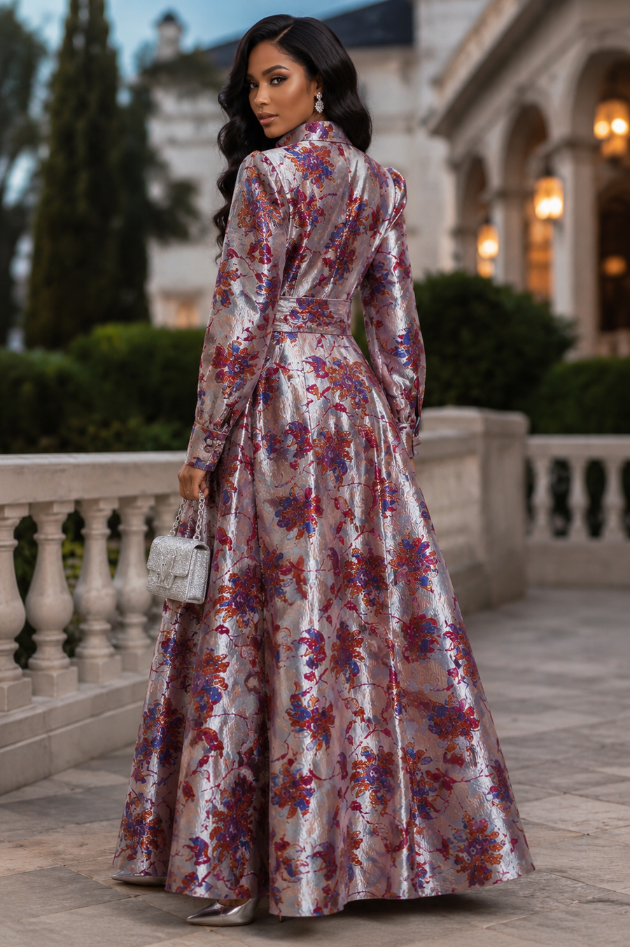 TL0038 HERITAGE FLORAL BORDER PRINT MIKADO MAXI DRESS