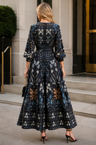 N2637 PLEATED SYMMETRICAL FLORAL CRINKLE DRESS