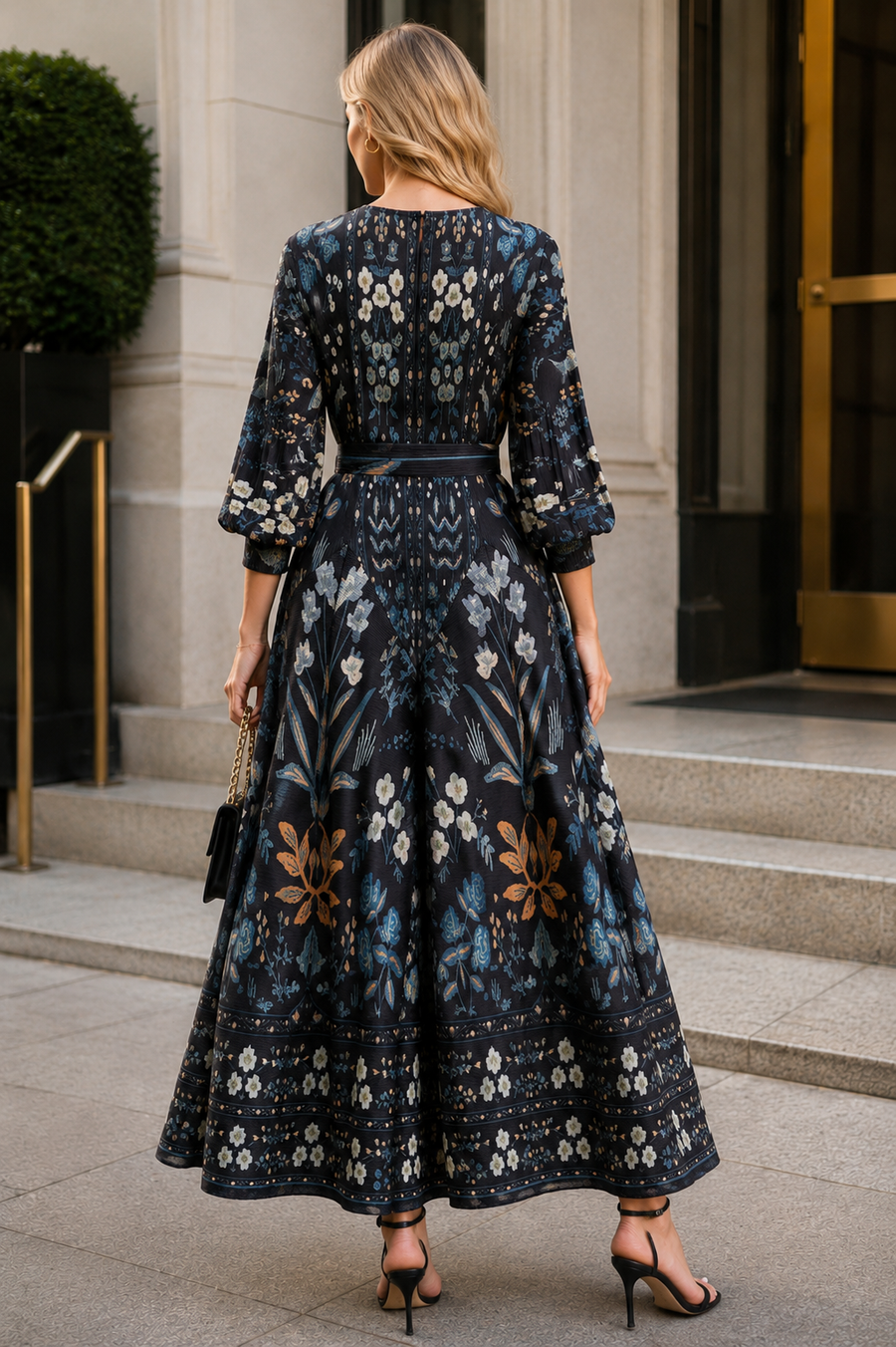N2637 PLEATED SYMMETRICAL FLORAL CRINKLE DRESS
