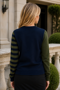 SK21076 CONTRAST SLEEVE STRIPED KNIT PULLOVER SWEATER (BLK, BLU)