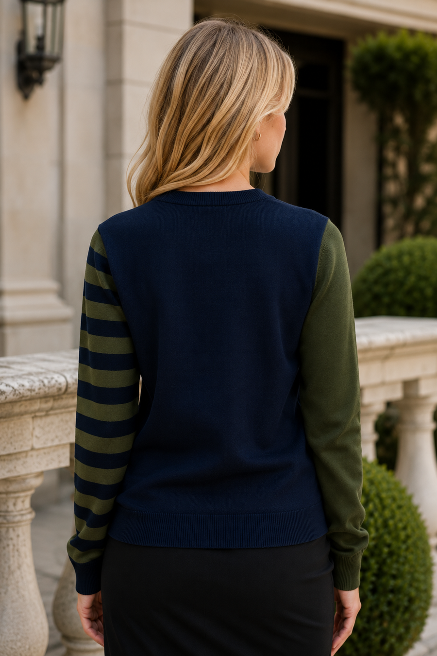 SK21076 CONTRAST SLEEVE STRIPED KNIT PULLOVER SWEATER (BLK, BLU)