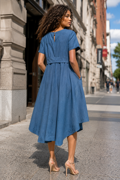S3157 RHINESTONE FLOWER APPLIQUÉ DENIM MIDI DRESS