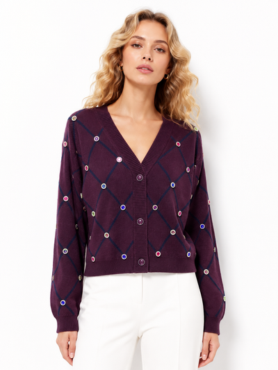 US25818 JEWELED V-NECK CARTIGAN (WINE, GRN)