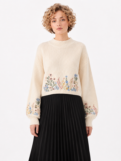 ZL601 BOTANICAL EMBRODERY SWEATER (WHT, GRN)