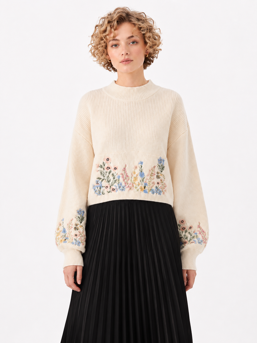 ZL601 BOTANICAL EMBRODERY SWEATER (WHT, GRN)