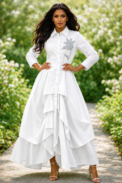 S3135 CASCADE DRAPE APPLIQUE MAXI DRESS (WHT, GRN, ORG)