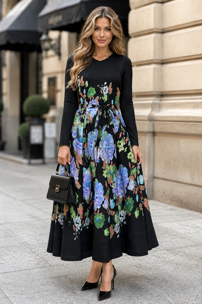 N2641 MIDNIGHT FLORAL CRINKLE BOUNCY MAXI DRESS